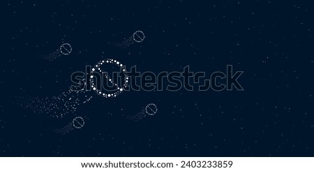 A no parking sign filled with dots flies through the stars leaving a trail behind. Four small symbols around. Empty space for text on the right. Vector illustration on dark blue background with stars