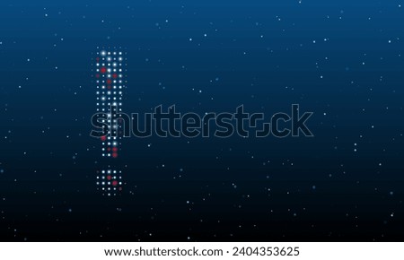 On the left is the exclamation symbol filled with white dots. Background pattern from dots and circles of different shades. Vector illustration on blue background with stars