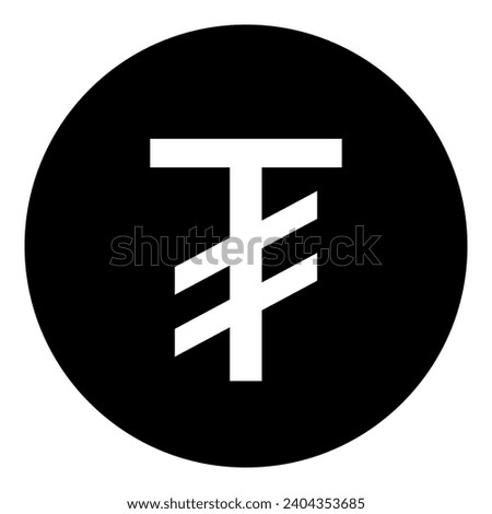 A tugrik symbol in the center. Isolated white symbol in black circle. Vector illustration on white background