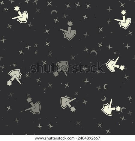 Seamless pattern with stars, virus bounces off the shield symbols on black background. Night sky. Vector illustration on black background