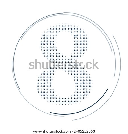 The number eight symbol filled with dark blue dots. Pointillism style. Vector illustration on white background