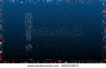 On the left is the exclamation symbol filled with white dots. Pointillism style. Abstract futuristic frame of dots and circles. Some dots is red. Vector illustration on blue background with stars