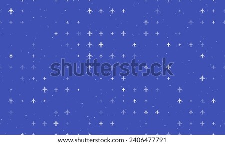 Seamless background pattern of evenly spaced white airplane symbols of different sizes and opacity. Vector illustration on indigo background with stars