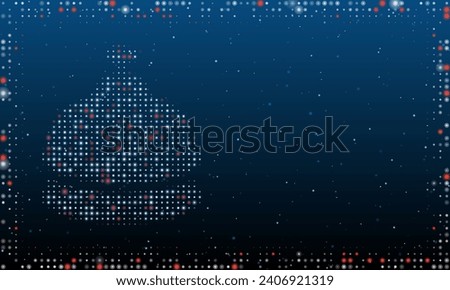On the left is the reception bell symbol filled with white dots. Pointillism style. Abstract futuristic frame of dots and circles. Some dots is red. Vector illustration on blue background with stars