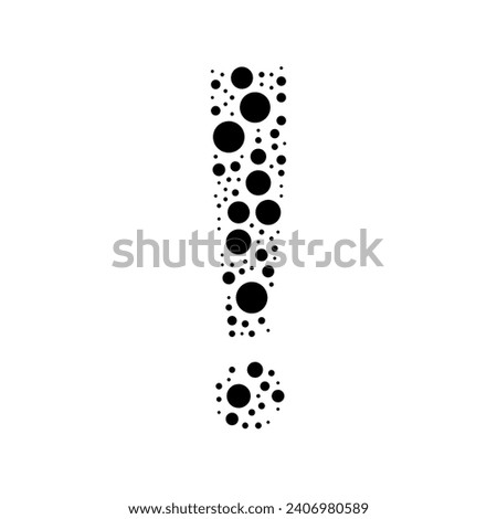 A large exclamation symbol in the center made in pointillism style. The center symbol is filled with black circles of various sizes. Vector illustration on white background