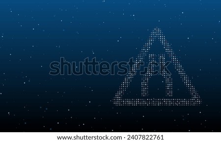 On the right is the road narrowing symbol filled with white dots. Background pattern from dots and circles of different shades. Vector illustration on blue background with stars