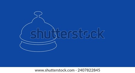 A large white outline reception bell symbol on the left. Designed as thin white lines. Vector illustration on blue background