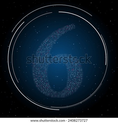 The number six symbol filled with white dots. Pointillism style. Some dots is pink. Vector illustration on blue background with stars