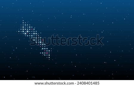 On the left is the down arrow symbol filled with white dots. Background pattern from dots and circles of different shades. Vector illustration on blue background with stars