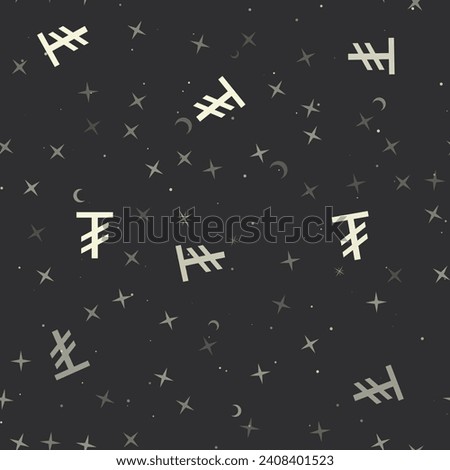 Seamless pattern with stars, tugrik symbols on black background. Night sky. Vector illustration on black background