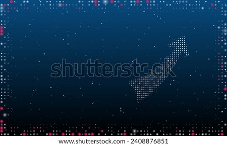 On the right is the up arrow symbol filled with white dots. Pointillism style. Abstract futuristic frame of dots and circles. Some dots is pink. Vector illustration on blue background with stars