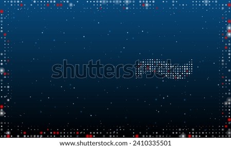 On the right is the tilde symbol filled with white dots. Pointillism style. Abstract futuristic frame of dots and circles. Some dots is red. Vector illustration on blue background with stars