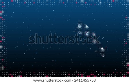 On the right is the down arrow symbol filled with white dots. Pointillism style. Abstract futuristic frame of dots and circles. Some dots is pink. Vector illustration on blue background with stars