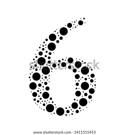 A large number six symbol in the center made in pointillism style. The center symbol is filled with black circles of various sizes. Vector illustration on white background