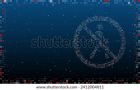 On the right is the pedestrian traffic prohibited symbol filled with white dots. Abstract futuristic frame of dots and circles. Vector illustration on blue background with stars
