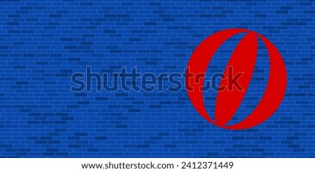 Blue Brick Wall with large red beach ball symbol. The symbol is located on the right, on the left there is empty space for your content. Vector illustration on blue background