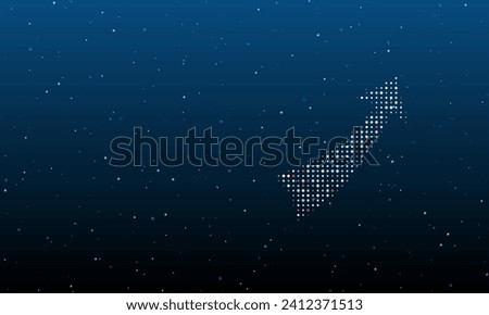 On the right is the up arrow symbol filled with white dots. Background pattern from dots and circles of different shades. Vector illustration on blue background with stars