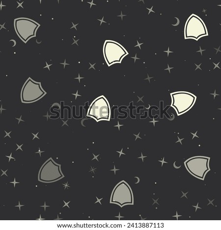 Seamless pattern with stars, shield symbols on black background. Night sky. Vector illustration on black background