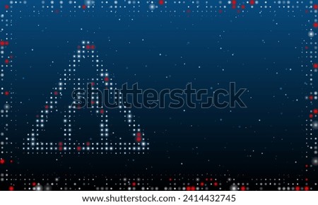 On the left is the road narrowing symbol filled with white dots. Pointillism style. Abstract futuristic frame of dots and circles. Some dots is red. Vector illustration on blue background with stars