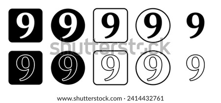 Icon set of number nine symbol. Filled, outline, black and white icons set, flat style.  Vector illustration on white background