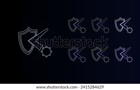 A set of neon virus bounces off the shield symbols. Set of different color symbols, faint neon glow. Vector illustration on black background