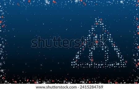 On the right is the road narrowing symbol filled with white dots. Pointillism style. Abstract futuristic frame of dots and circles. Some dots is red. Vector illustration on blue background with stars