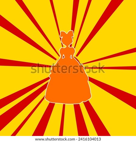 Princess symbol on a background of red flash explosion radial lines. The large orange symbol is located in the center of the sun, symbolizing the sunrise. Vector illustration on yellow background