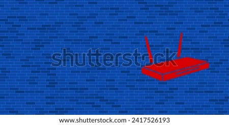 Blue Brick Wall with large red router symbol. The symbol is located on the right, on the left there is empty space for your content. Vector illustration on blue background