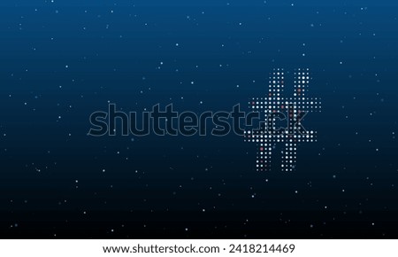 On the right is the hash symbol filled with white dots. Background pattern from dots and circles of different shades. Vector illustration on blue background with stars