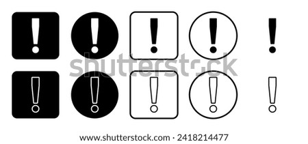Icon set of exclamation symbol. Filled, outline, black and white icons set, flat style.  Vector illustration on white background