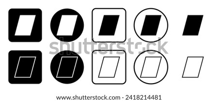 Icon set of parallelogram symbol. Filled, outline, black and white icons set, flat style.  Vector illustration on white background