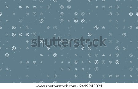 Seamless background pattern of evenly spaced white pedestrian traffic prohibited signs of different sizes and opacity. Vector illustration on blue gray background with stars