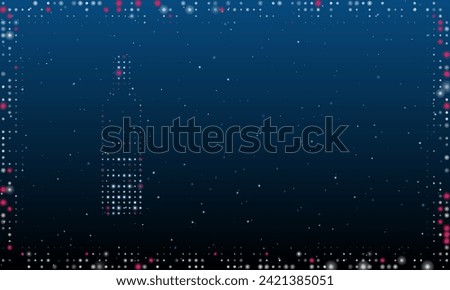 On the left is the the world in a bottle symbol filled with white dots. Abstract futuristic frame of dots and circles. Vector illustration on blue background with stars