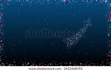 On the right is the up arrow symbol filled with white dots. Pointillism style. Abstract futuristic frame of dots and circles. Some dots is pink. Vector illustration on blue background with stars