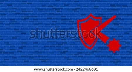 Blue Brick Wall with large red virus bounces off the shield symbol. The symbol is located on the right, on the left there is empty space for your content. Vector illustration on blue background