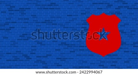 Blue Brick Wall with large red police badge symbol. The symbol is located on the right, on the left there is empty space for your content. Vector illustration on blue background