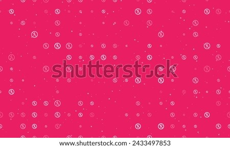 Seamless background pattern of evenly spaced white pedestrian traffic prohibited signs of different sizes and opacity. Vector illustration on pink background with stars
