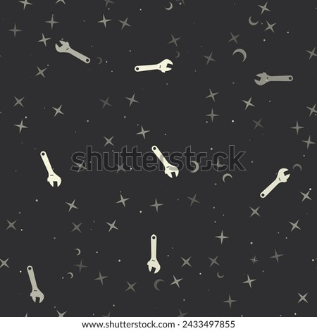 Seamless pattern with stars, adjustable wrench symbols on black background. Night sky. Vector illustration on black background