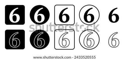 Icon set of number six symbol. Filled, outline, black and white icons set, flat style.  Vector illustration on white background