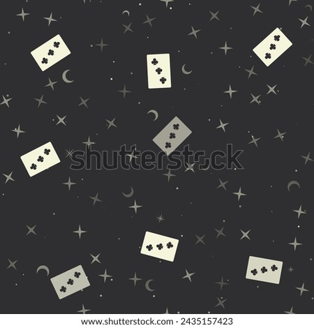 Seamless pattern with stars, Three of Clubs playing cards on black background. Night sky. Vector illustration on black background