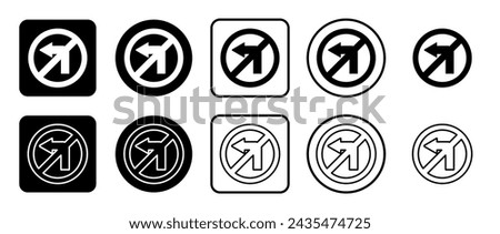 Icon set of no left turn sign. Filled, outline, black and white icons set, flat style.  Vector illustration on white background