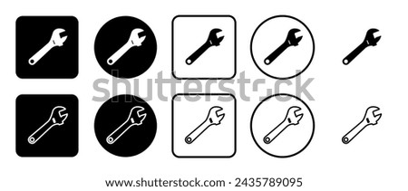 Icon set of adjustable wrench symbol. Filled, outline, black and white icons set, flat style.  Vector illustration on white background