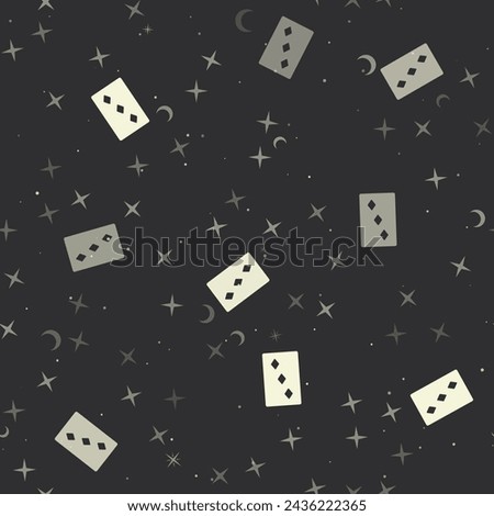 Seamless pattern with stars, Three of diamonds playing cards on black background. Night sky. Vector illustration on black background