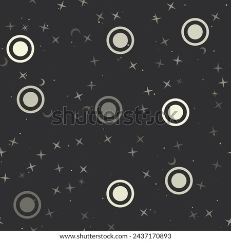 Seamless pattern with stars, radio button symbols on black background. Night sky. Vector illustration on black background