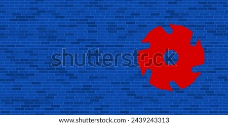 Blue Brick Wall with large red milling disc symbol. The symbol is located on the right, on the left there is empty space for your content. Vector illustration on blue background