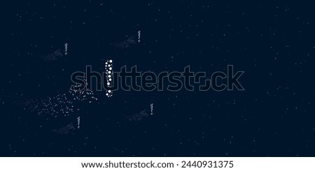 A exclamation symbol filled with dots flies through the stars leaving a trail behind. There are four small symbols around. Vector illustration on dark blue background with stars