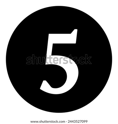 A number five symbol in the center. Isolated white symbol in black circle. Vector illustration on white background