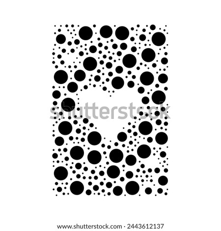 A large ace of heart card in the center made in pointillism style. The center symbol is filled with black circles of various sizes. Vector illustration on white background