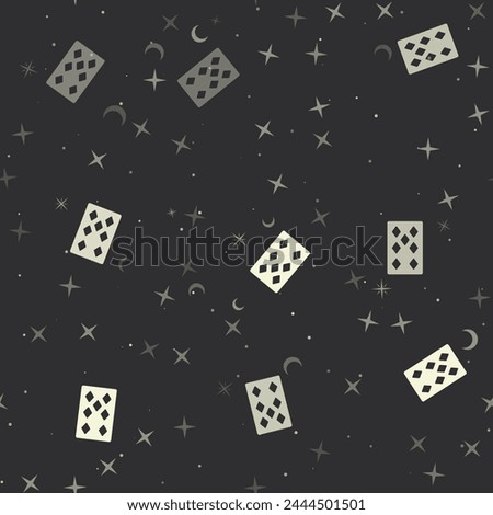 Seamless pattern with stars, seven of diamonds playing cards on black background. Night sky. Vector illustration on black background