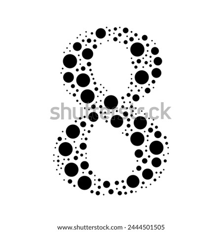 A large number eight symbol in the center made in pointillism style. The center symbol is filled with black circles of various sizes. Vector illustration on white background